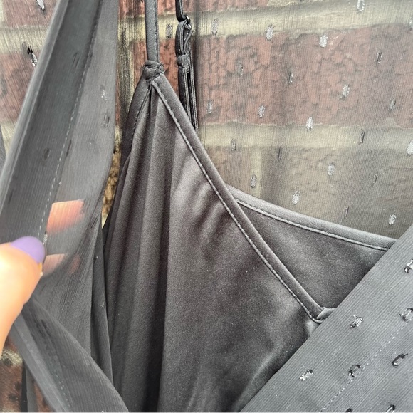 Express Black Sheer Chiffon Glitter Layered Wrap Wide Sleeve Belted Dress - Picture 4 of 6